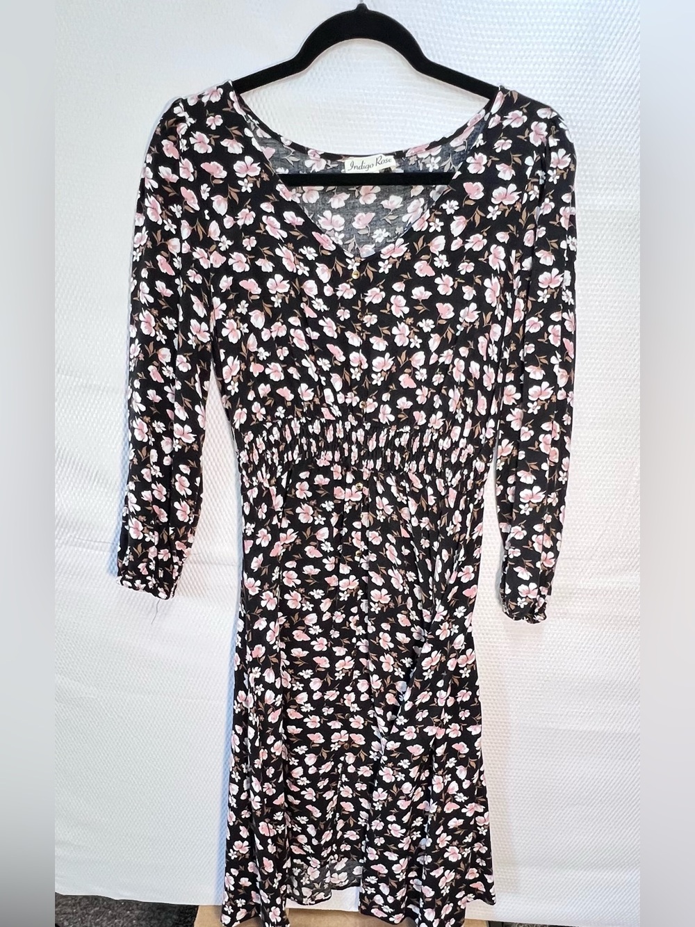 Indigo Rose Black Floral V-Neck Long Sleeve Dress with Pink Blossoms